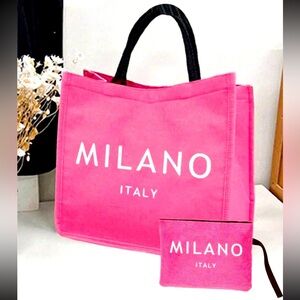 Large Pink Burlap “Milano, Italy” Tote /Wristlet Set NWT